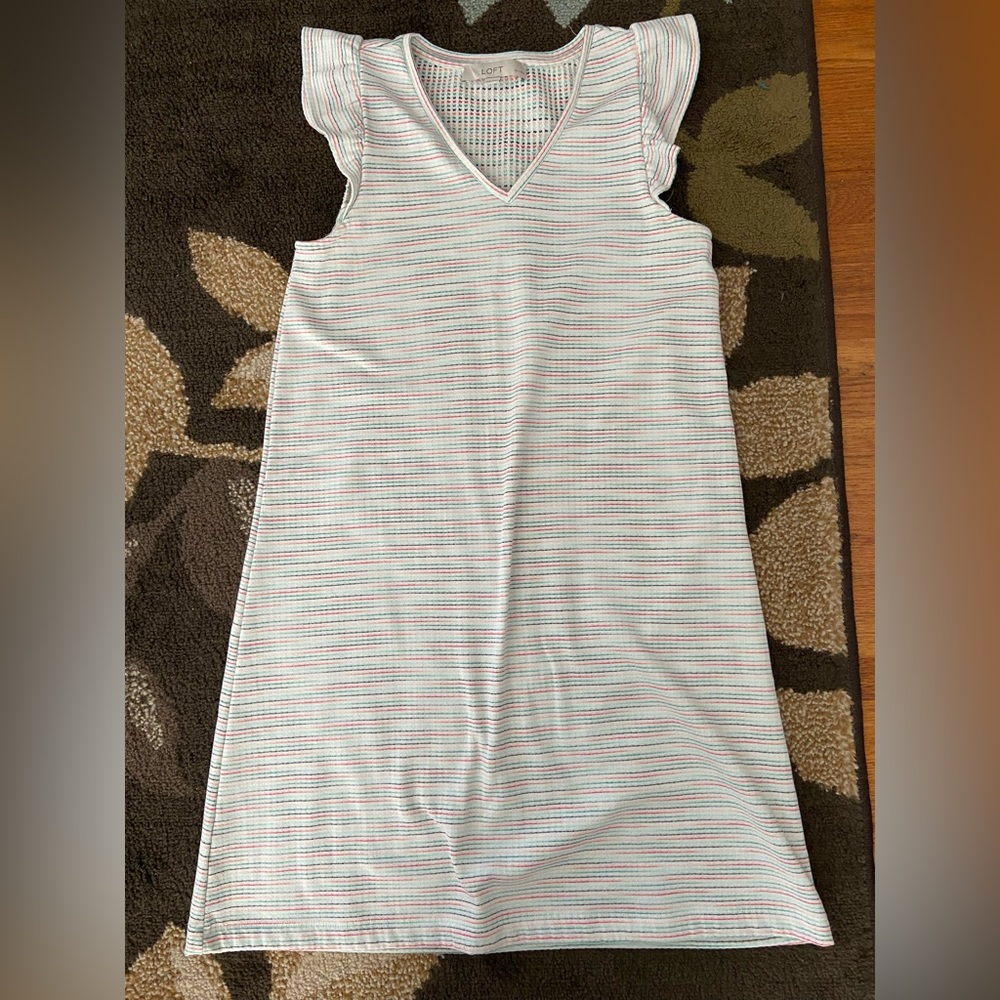 LOFT White Knit Stripe Flutter Sleeve Dress